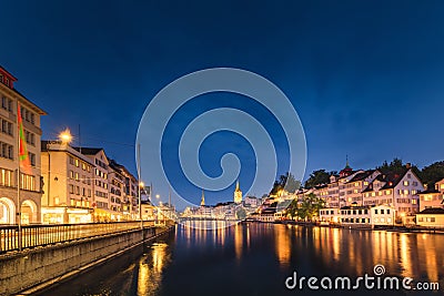 Cityscape of Zurich City and Illuminated Lights at Nightlife, Landscape Historic Old Town of Zurich, Switzerland. Panoramic View Stock Photo