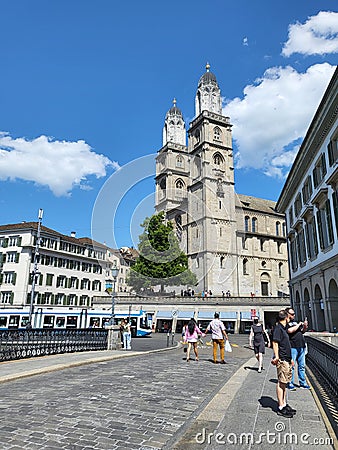 Cityscape of Zurich old city, view from Munsterbrucke bridge. Editorial Stock Photo
