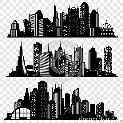 Cityscapes, town skyline buildings, big city silhouettes vector set Vector Illustration