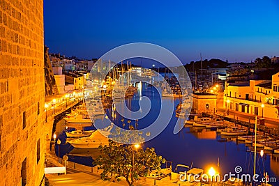 Ciutadella Menorca marina Port sunset town hall and cathedral Stock Photo