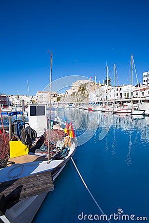 Ciutadella Menorca marina Port view Town hall Stock Photo