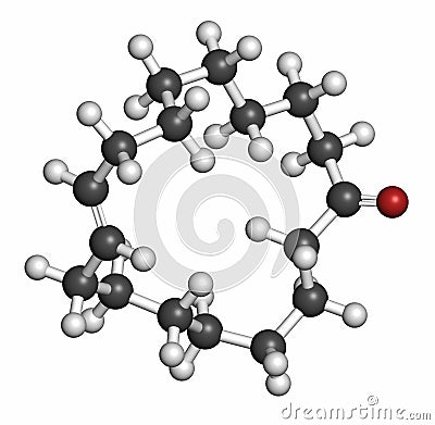 Civetone civet cat pheromone molecule, 3D rendering. Used in perfume. Atoms are represented as spheres with conventional color Stock Photo