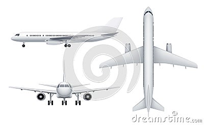 Civil aircraft views. Passenger white plane in various views fly transport realistic vector illustrations Vector Illustration