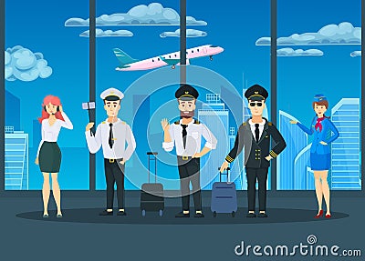 Airplane flight crew in uniform posing cartoon vector Vector Illustration