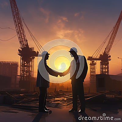 civil engineer standing and hand shaking at the construction site. Stock Photo