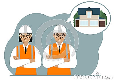 Civil engineers are thinking about building a house. A smiling woman and a man in hardhats and vests are planning a work Vector Illustration