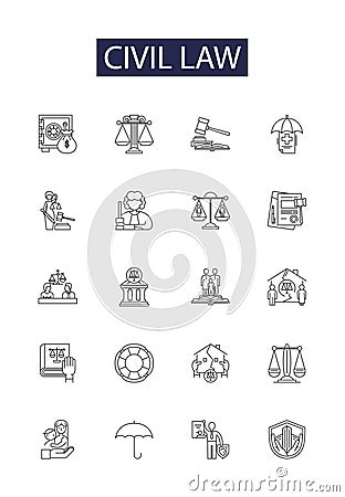 Civil law line vector icons and signs. Law, Rights, Litigation, Torts, Contracts, Property, Liability, Governments Vector Illustration