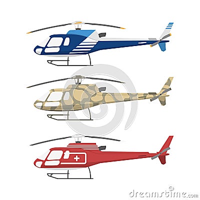 Civil , military and medical helicopters . Side view Vector Illustration