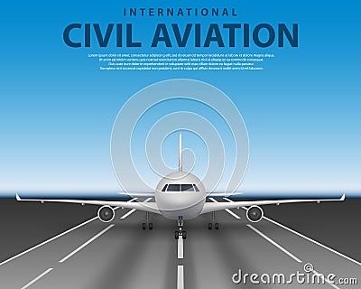 Civil passenger airliner jet on runway. Commercial realistic airplane concept front view. Plane in blue sky, travel Vector Illustration