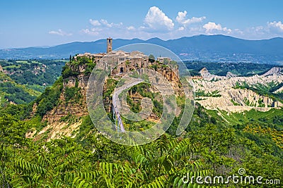 Civita di Bagnoregio, Italy - Panoramic view of historic town of Civita di Bagnoregio with surrounding hills and valleys of Lazio Editorial Stock Photo