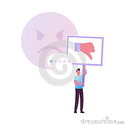 Claim Customer, Rating, Quality and Business Ranking Concept. Man Character with Thumb Down Put One Star Vector Illustration