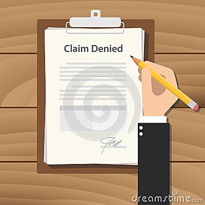 Claim denied concept illustration with businessman signing a paper document on top of clipboard wooden table Vector Illustration