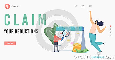 Claim your Deduction Landing Page Template. Happy Female Character Jumping at Huge Calendar with Crossed Date Vector Illustration