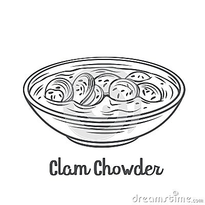 Clam chowder soup bowl outline icon Vector Illustration