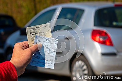 Administrative documents for French vehicles. Registration certificate, also called `Carte grise` and international insurance card Stock Photo