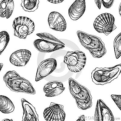 Clams, mussels pattern. Seafood background Vector Illustration