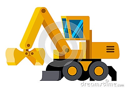 Clamshell bucket wheeled excavator minimalistic icon Vector Illustration