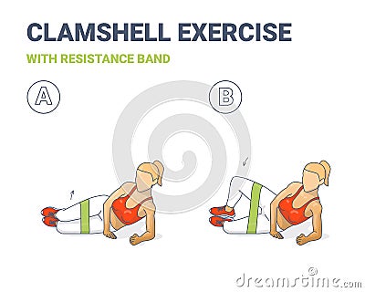 Clamshell with Resistance Band Sport exersice. Colorful Concept of Girl Doing Hip Abduction With Elastic Loop Exercise. Vector Illustration