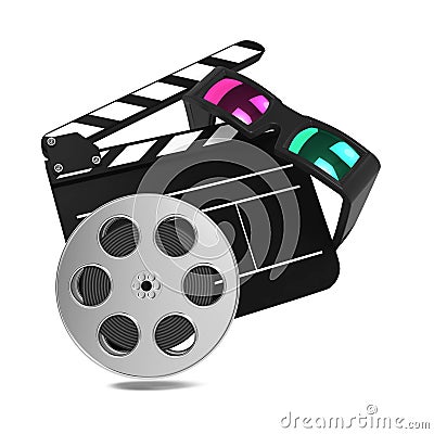 Clapboard with Anaglyph Glasses and Film Reel. Stock Photo