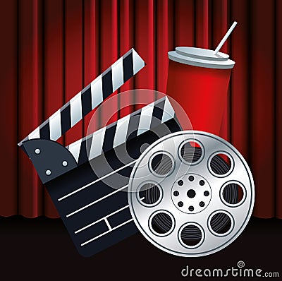 Clapboard, film reel and soda cup, colorful design Vector Illustration