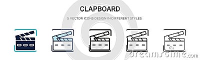 Clapboard icon in filled, thin line, outline and stroke style. Vector illustration of two colored and black clapboard vector icons Vector Illustration