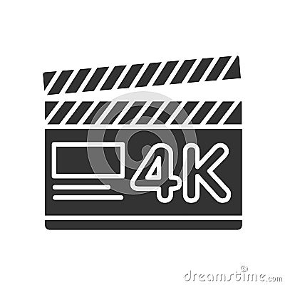 Clapper board black glyph icon. 4K ultra HD resolution movie shooting. Cinematograph concept. Pictogram for web page, mobile app, Stock Photo