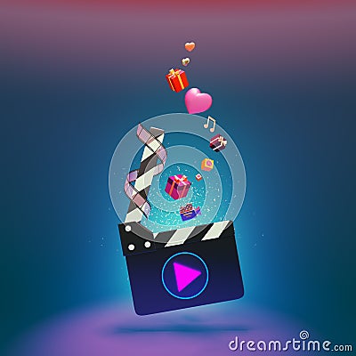 clapper board glow play icon watching movies cinema online Entertainment media with gift box, film strip, speaker, musicnotes. Stock Photo