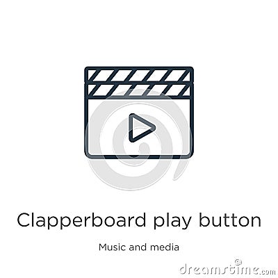Clapperboard play button icon. Thin linear clapperboard play button outline icon isolated on white background from music and media Vector Illustration