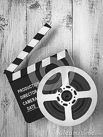 Clapperboards and the reel of film Stock Photo