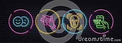 Clapping hands, Face detection and Like minimal line icons. For web application, printing. Neon laser 3d lights. Vector Vector Illustration