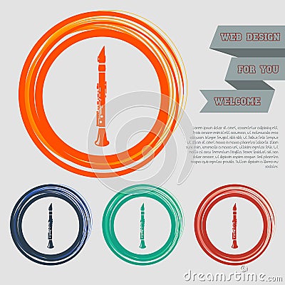 Clarinet icon on the red, blue, green, orange buttons for your website and design with space text. Cartoon Illustration