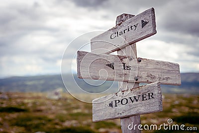 clarity is power text engraved on old wooden signpost outdoors in nature Cartoon Illustration