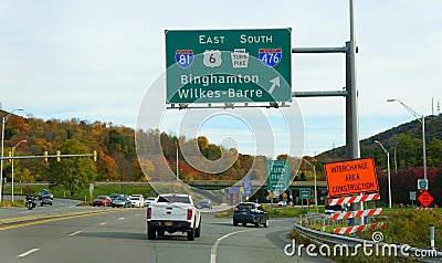 Clark Summit, Pennsylvania, U.S - October 20, 2020 - Traffic into Interstate 81, 476, PA Turnpike and Route 6 surrounded by Editorial Stock Photo