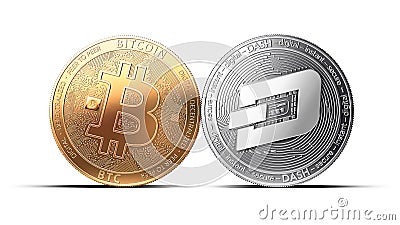 Clash of Bitcoin and Dash coins isolated on white background Stock Photo