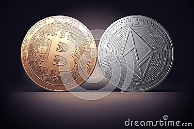 Clash of Bitcoin and Ethereum coins on a gently lit dark background. Editorial Stock Photo