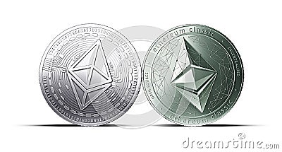 Clash of Ethereum and Ethereum classic coins isolated on white background with copy space Editorial Stock Photo