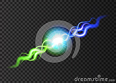 Clash of two neon rays on transparent background. Vector Illustration