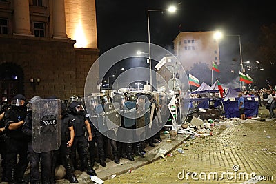 Clashes between the gendarmerie and protesters during an anti-government protest in front of the parliament building in Sofia, Bul Editorial Stock Photo