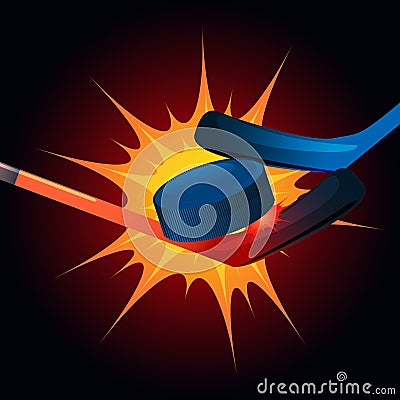 Clashing orange and blue hockey sticks with pluck on a fire burs Vector Illustration