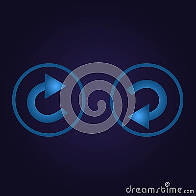 Clasic blue color arrow back, next in circle, icon, logo, sign with gradient on dark purple background for application, for game, Stock Photo