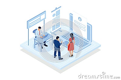 Class access code. Young student joins online class with access code, teaching app, virtual education, distance training,isometric Vector Illustration