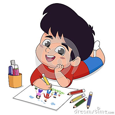 In class the children are drawing on paper in the imagination of both wood and watercolor Vector Illustration