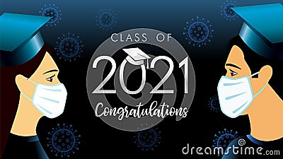 2021 class of congratulation graduate students in medical mask Vector Illustration