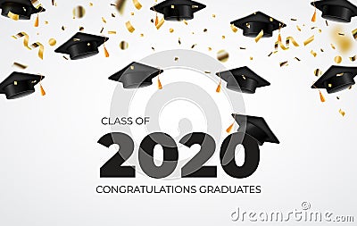 Class of 2020. Congratulations Graduates. Graduation caps flying. Confetti. Vector Illustration