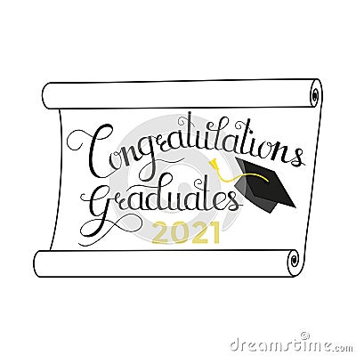Class of 2021. Congratulations graduates logo template with academic cap. Hand drawn graduation logo gold design. Vector Vector Illustration