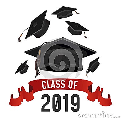 Class of 2019 graduation greeting card. Graduations caps thrown up with red ribbon. Grad vector poster Vector Illustration