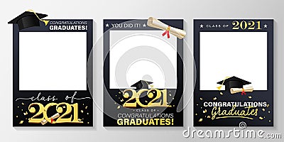 Class of 2021. Graduation party photo booth props set. Photo frame for grads with caps and confetti. Congratulations graduates Vector Illustration