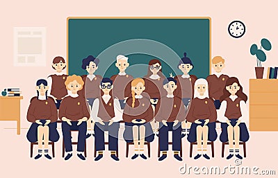 Class group portrait. Smiling girls and boys dressed in school uniform or pupils sitting in classroom against chalkboard Vector Illustration