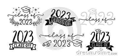 CLASS OF 2023 set of graduation logo with cap and diploma for high school, college graduate Vector Illustration