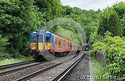 A Class 455 South Western Railway passenger service train approaches a tunnel in the Surrey countryside at Norbury Park Editorial Stock Photo